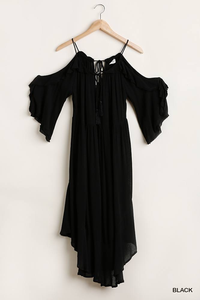 Ruffled Cold Shoulder Maxi Dress With Front Tassel Tie - Absolute Fashion 2020
