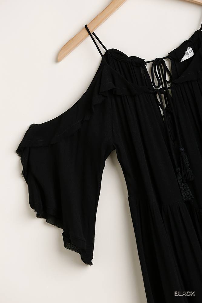 Ruffled Cold Shoulder Maxi Dress With Front Tassel Tie - Absolute Fashion 2020