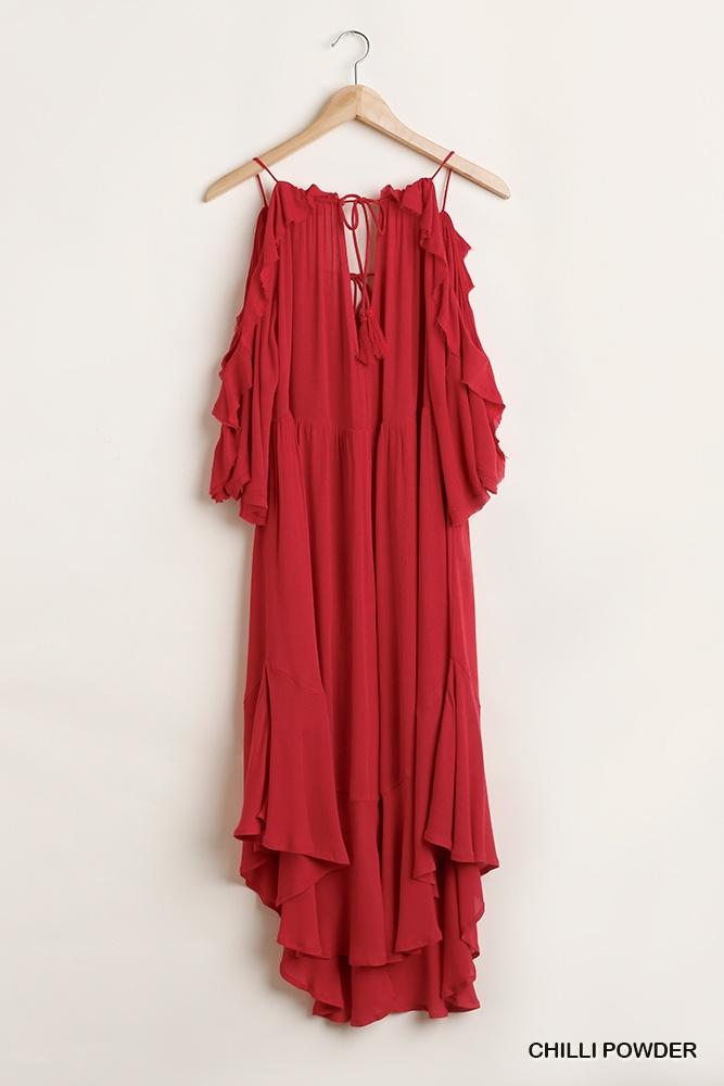 Ruffled Cold Shoulder Maxi Dress With Front Tassel Tie - Absolute Fashion 2020