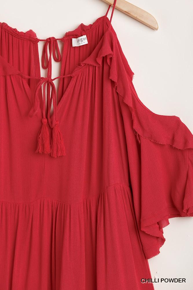 Ruffled Cold Shoulder Maxi Dress With Front Tassel Tie - Absolute Fashion 2020