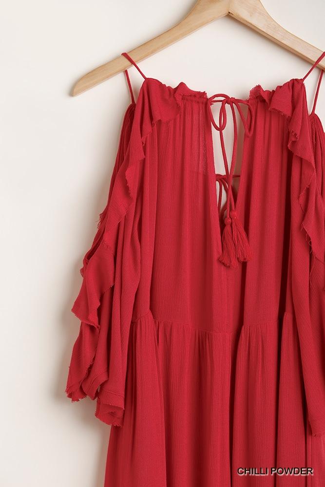 Ruffled Cold Shoulder Maxi Dress With Front Tassel Tie - Absolute Fashion 2020