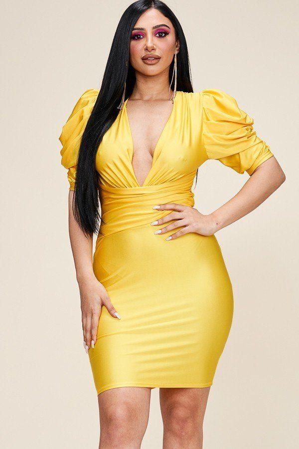 Solid Short Puff Sleeve Dress With Plunged V Neck Line - Absolute Fashion 2020