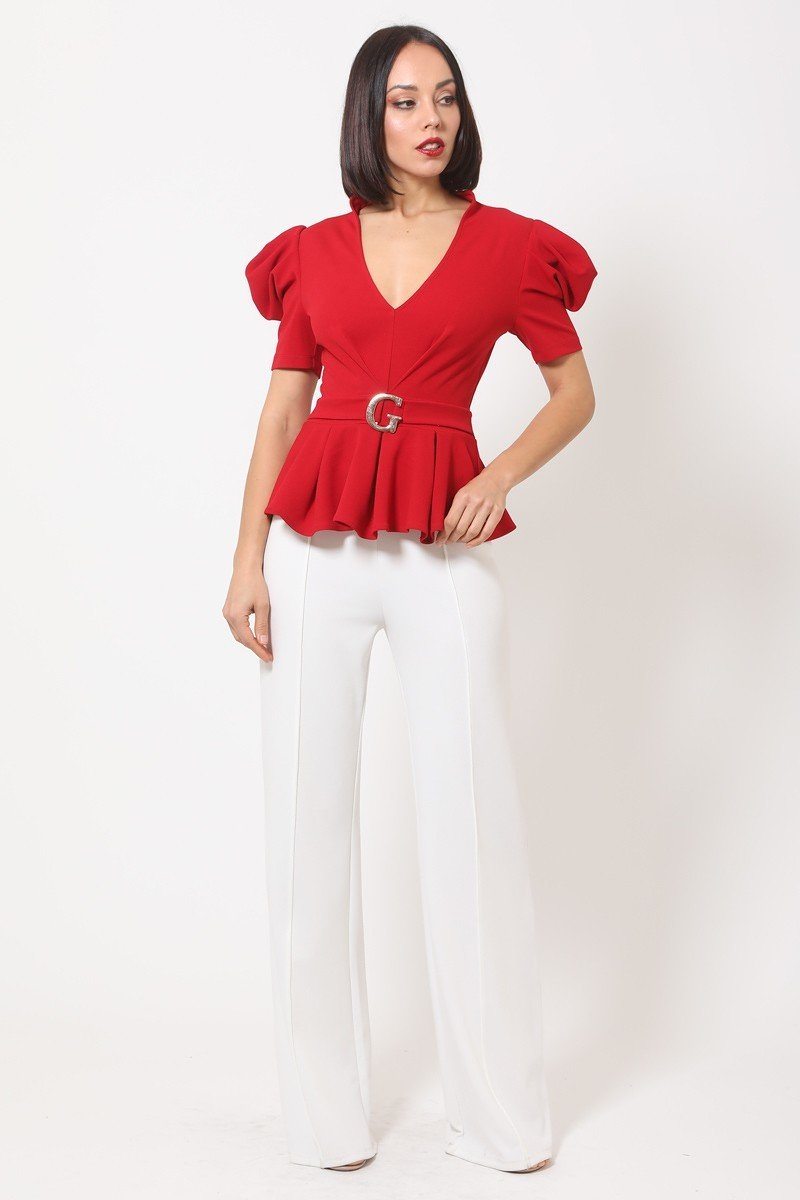 Draped Puff Shoulder Fashion Top With G Buckle Detail - Absolute Fashion 2020