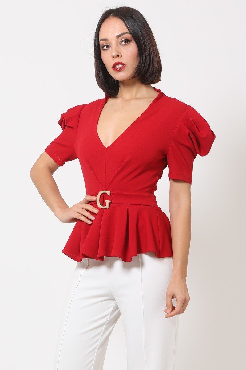 Draped Puff Shoulder Fashion Top With G Buckle Detail - Absolute Fashion 2020