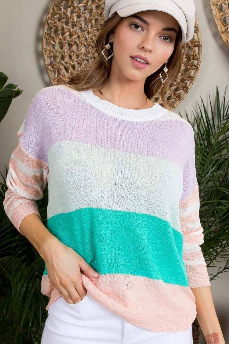 Round Neck Stripe Print Long Sleeve Color Block Sweater - Absolute Fashion 2020