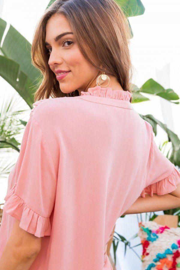 Ruffle Mock Notched Neck Short Sleeve Solid Top - Absolute Fashion 2020