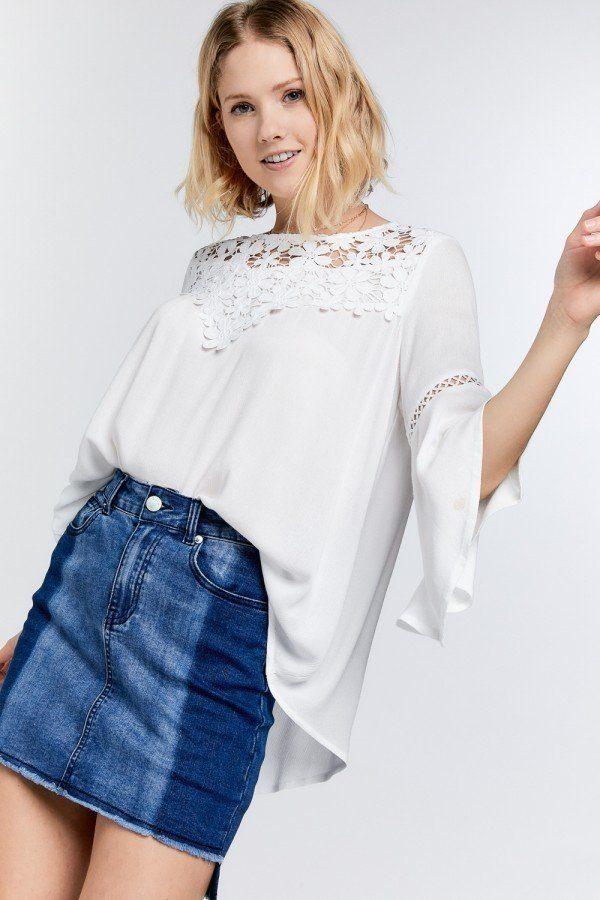Cute Floral Mesh Lace Accent Yoke Crochet Detailed Tie-back Bell Sleeve Blouse Top - Absolute Fashion 2020