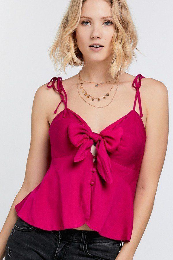 Cutout Detail Ruched Twist Bow Sweetheart Neckline Smocked Back Ribbon Tie Spaghetti Strap Cami Top - Absolute Fashion 2020