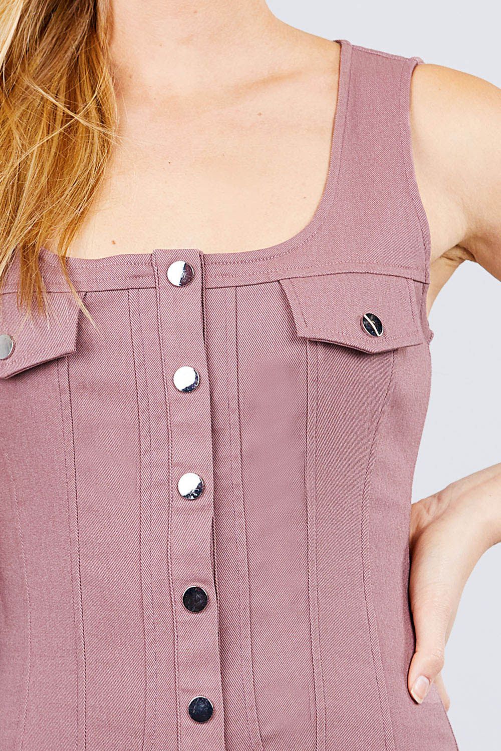 Sleeveless Deep Square Neck Button Down Detail Mini Woven Dress - Absolute Fashion 2020