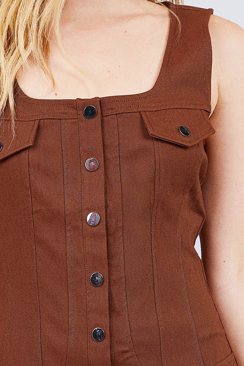 Sleeveless Deep Square Neck Button Down Detail Mini Woven Dress - Absolute Fashion 2020