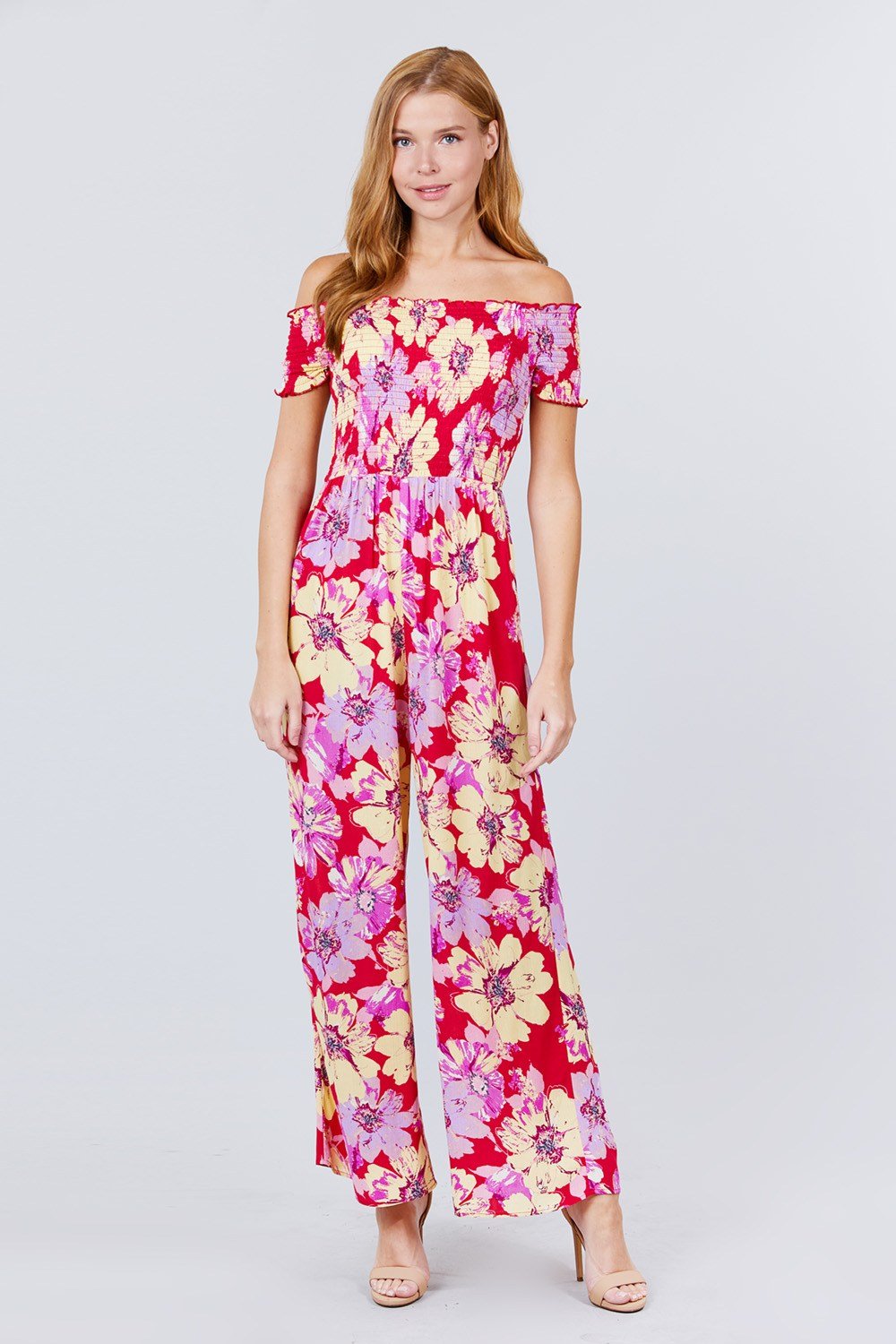 Short Sleeve Off The Shoulder Smocked Detail With Floral Print Long Wide Leg Jumpsuit. - Absolute Fashion 2020