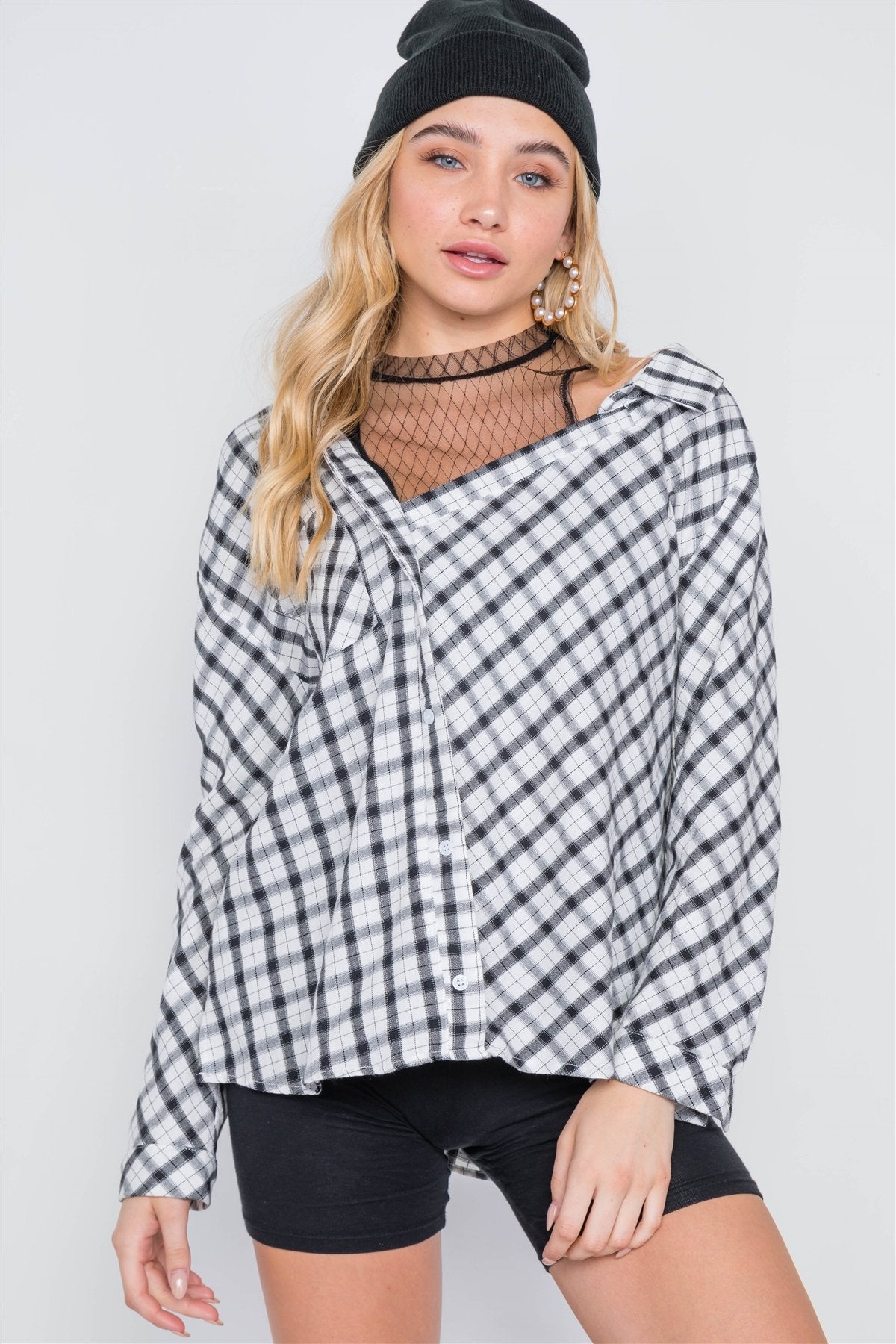 White Black Plaid Asymmetrical Front Button Down Top - Absolute Fashion 2020