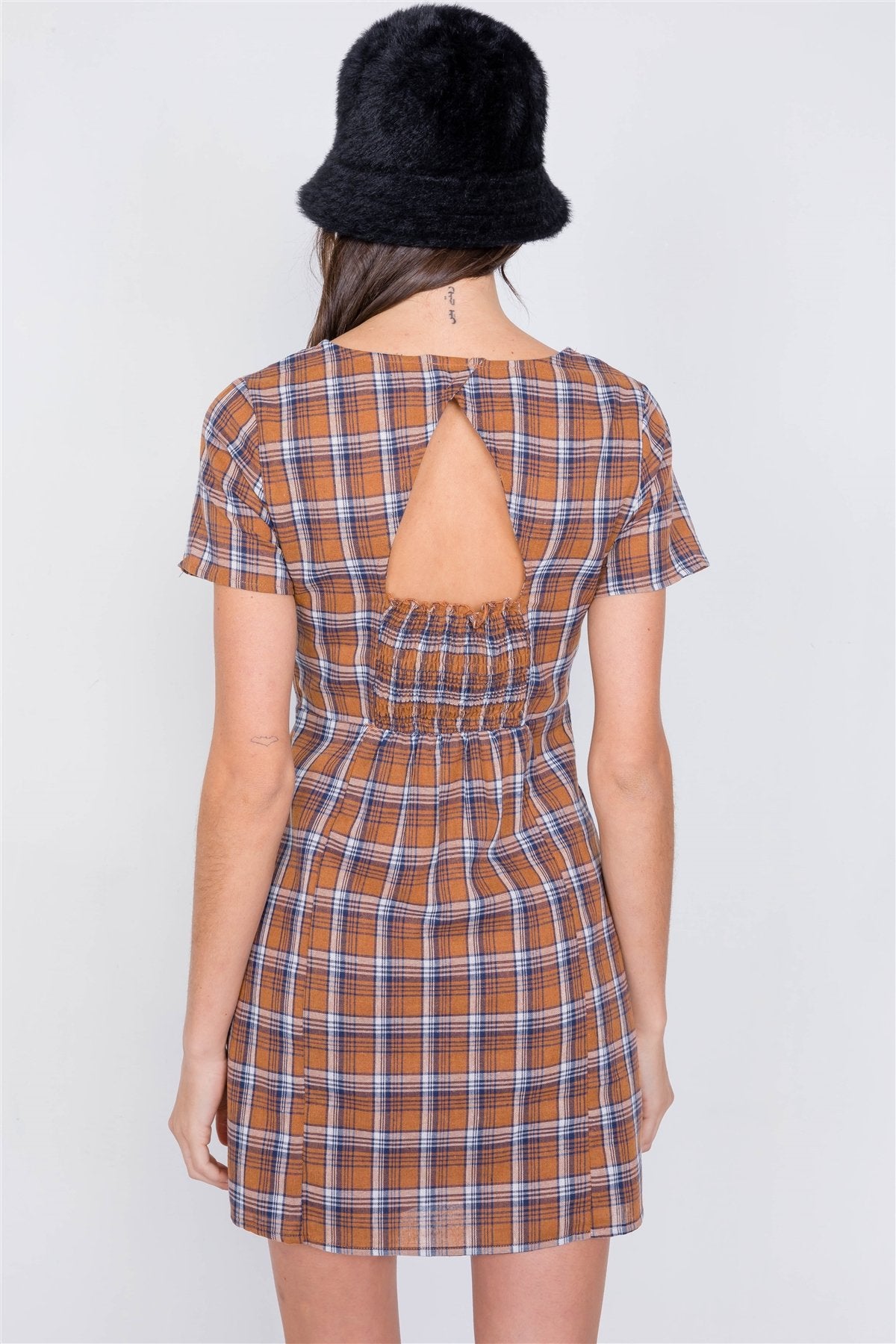 Brown Multi Checkered Stripe Casual Open Back Vintage Mini Dress - Absolute Fashion 2020