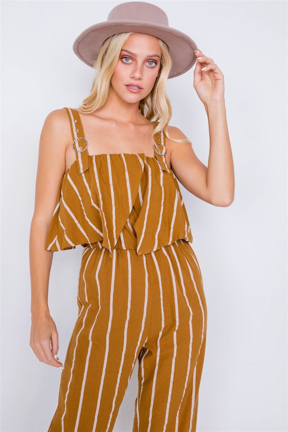 Stripe Buckle Shoulder Wide Leg Jumpsuit - Absolute Fashion 2020
