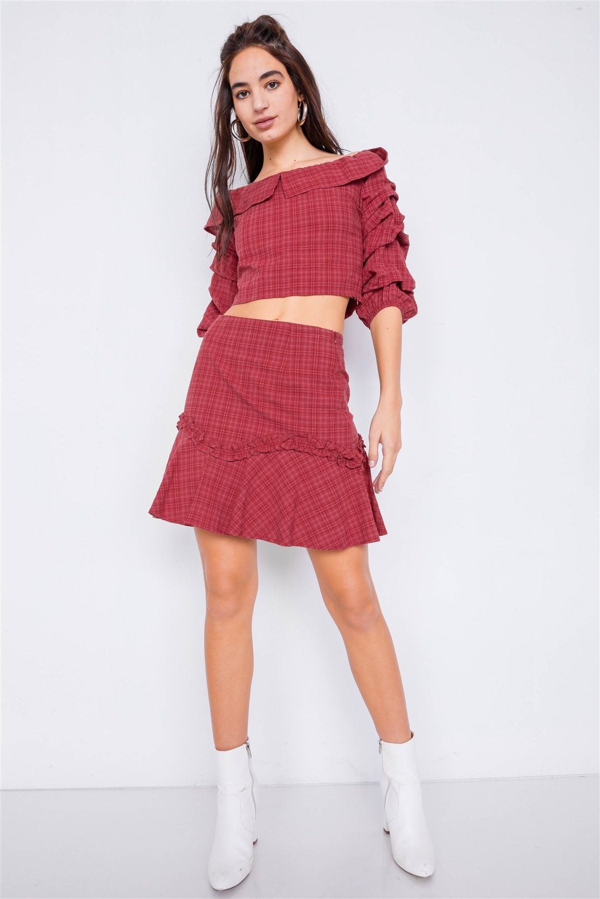 Raspberry Plaid Off-the Shoulder Retro Chic Crop Top & Mini Ruffle Skirt Set - Absolute Fashion 2020