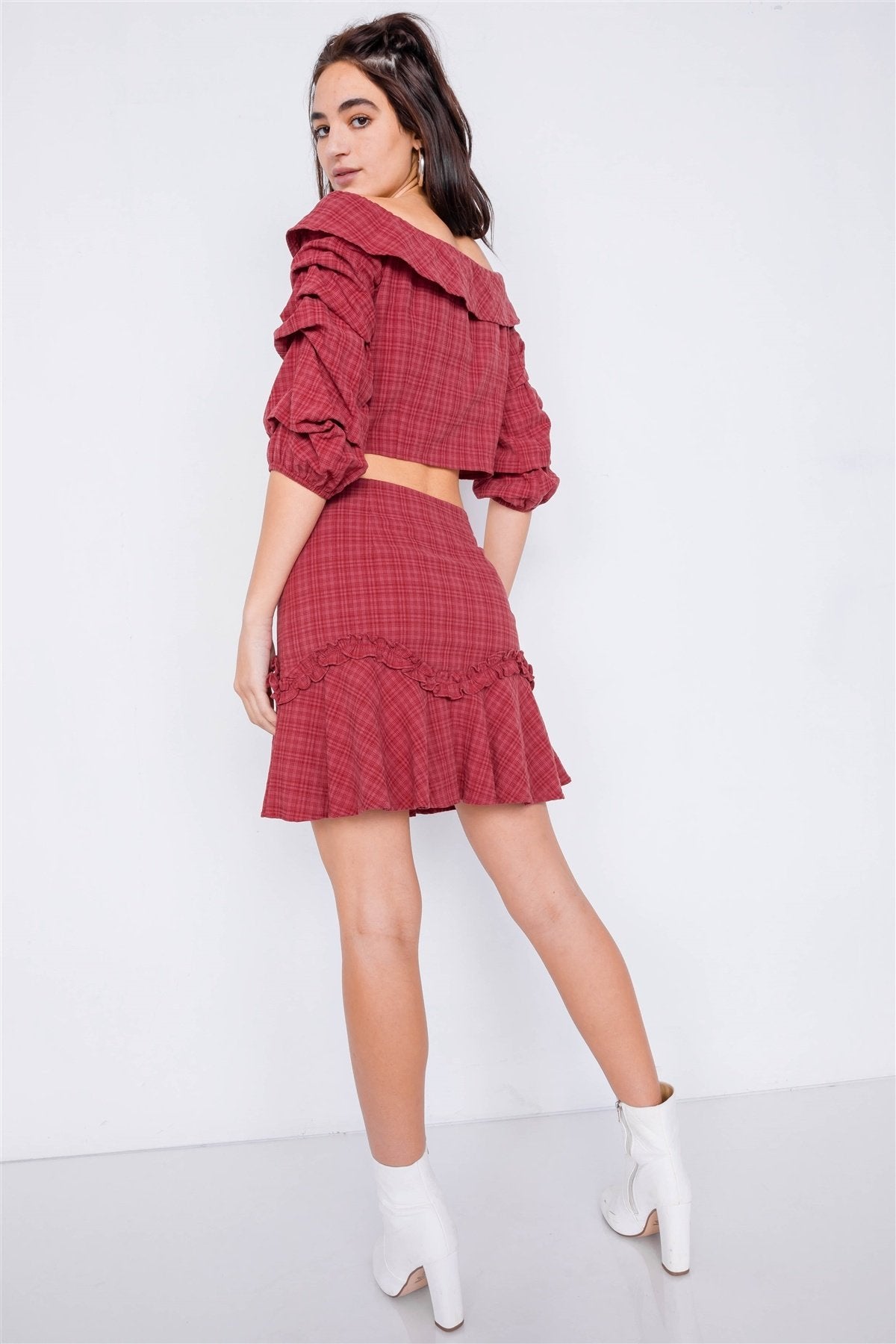Raspberry Plaid Off-the Shoulder Retro Chic Crop Top & Mini Ruffle Skirt Set - Absolute Fashion 2020