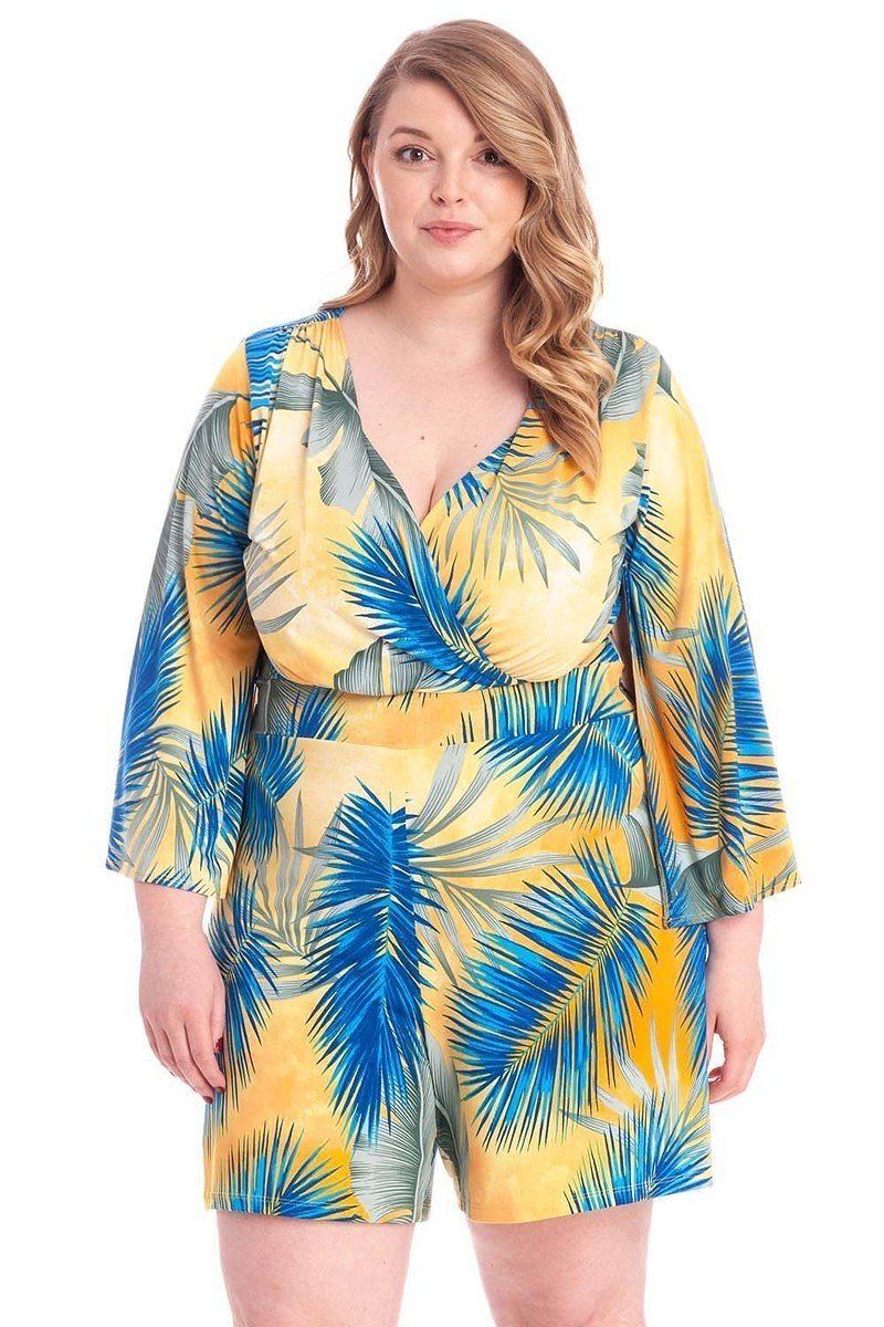 Tropical Leaf Print Kimono Sleeve Romper - Absolute Fashion 2020