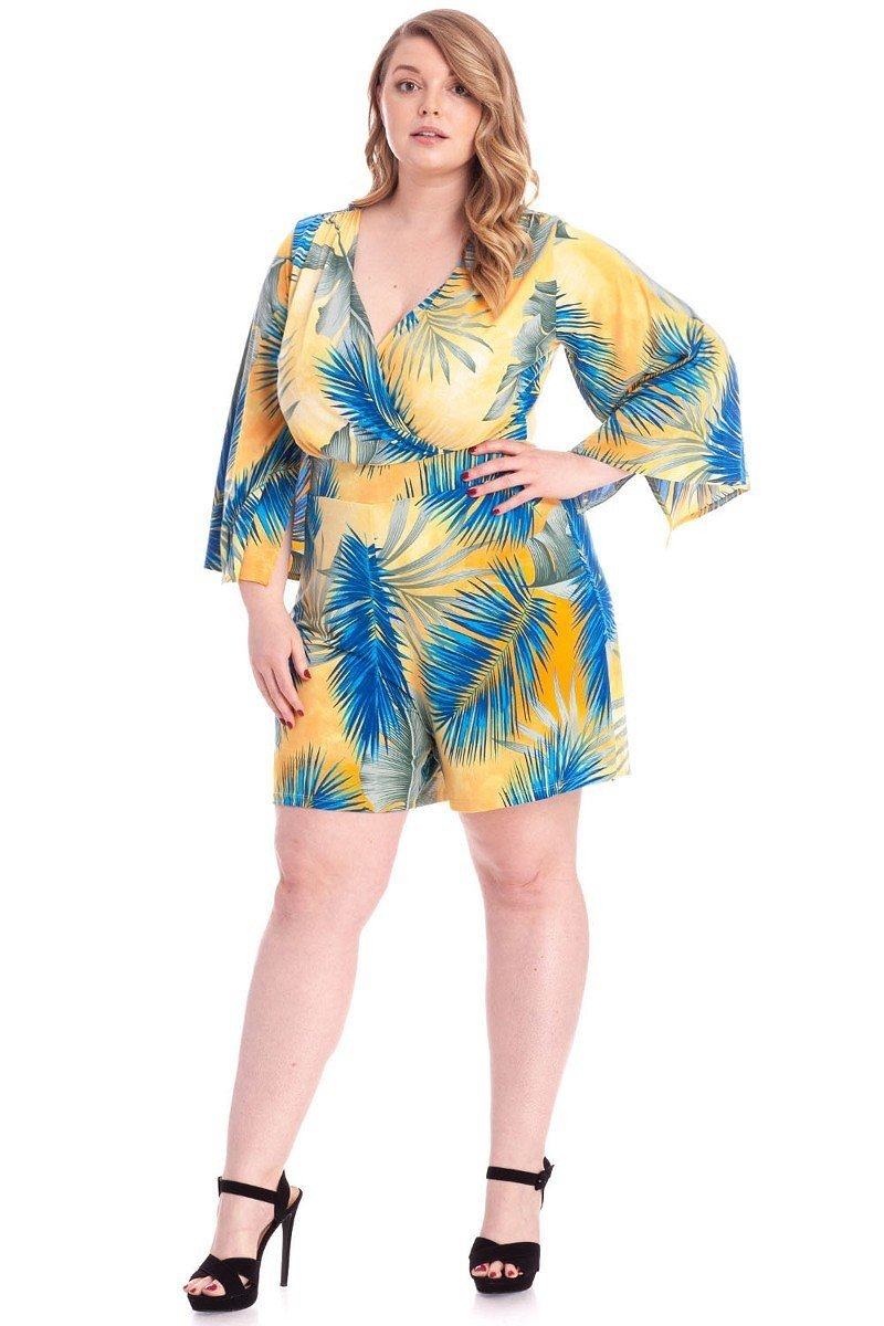 Tropical Leaf Print Kimono Sleeve Romper - Absolute Fashion 2020