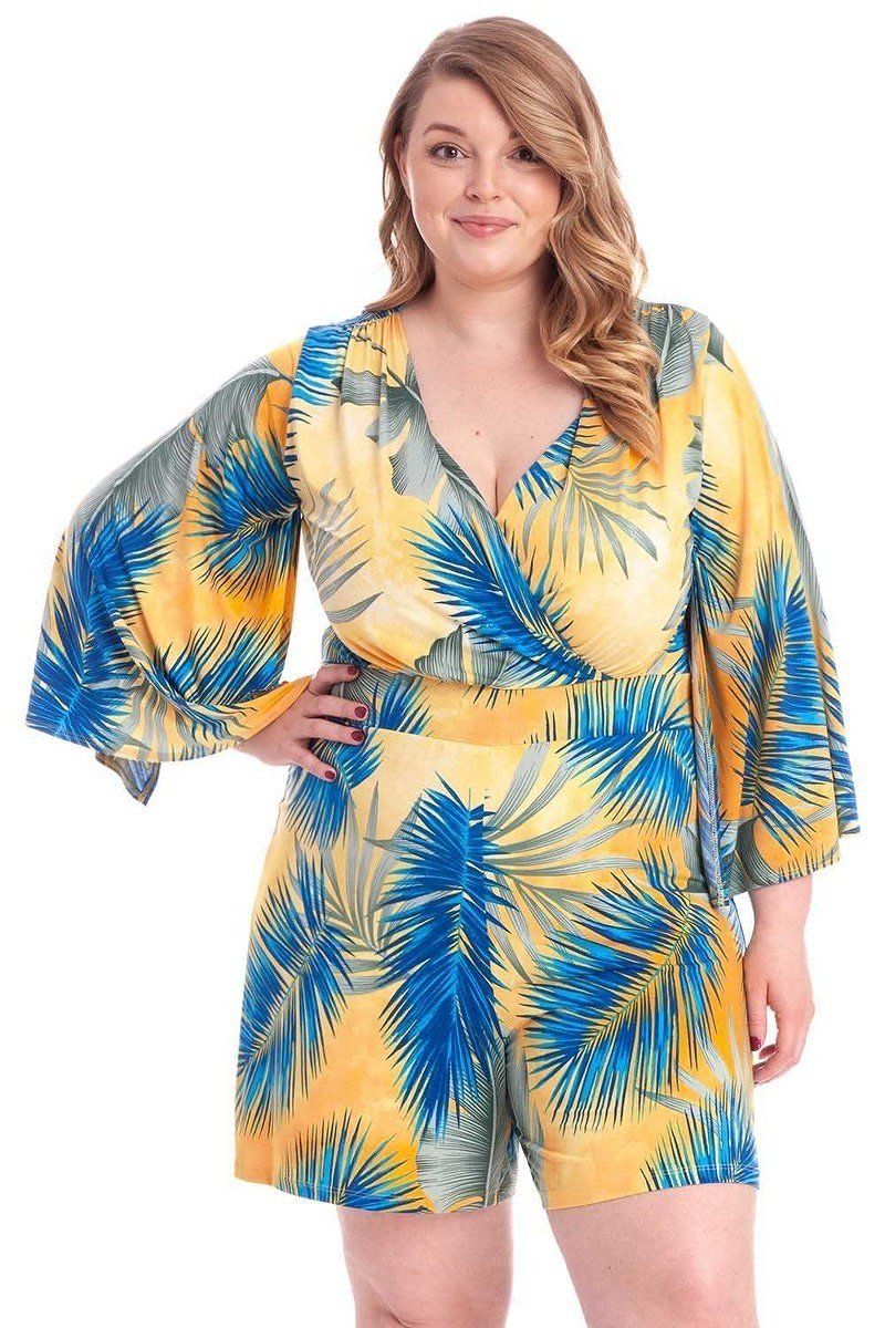Tropical Leaf Print Kimono Sleeve Romper - Absolute Fashion 2020