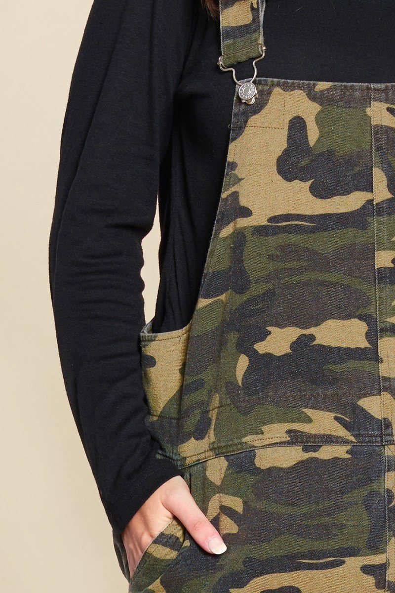 Camouflage Printed Overall Mini Dress Featuring Pockets And Frayed Hem - Absolute Fashion 2020