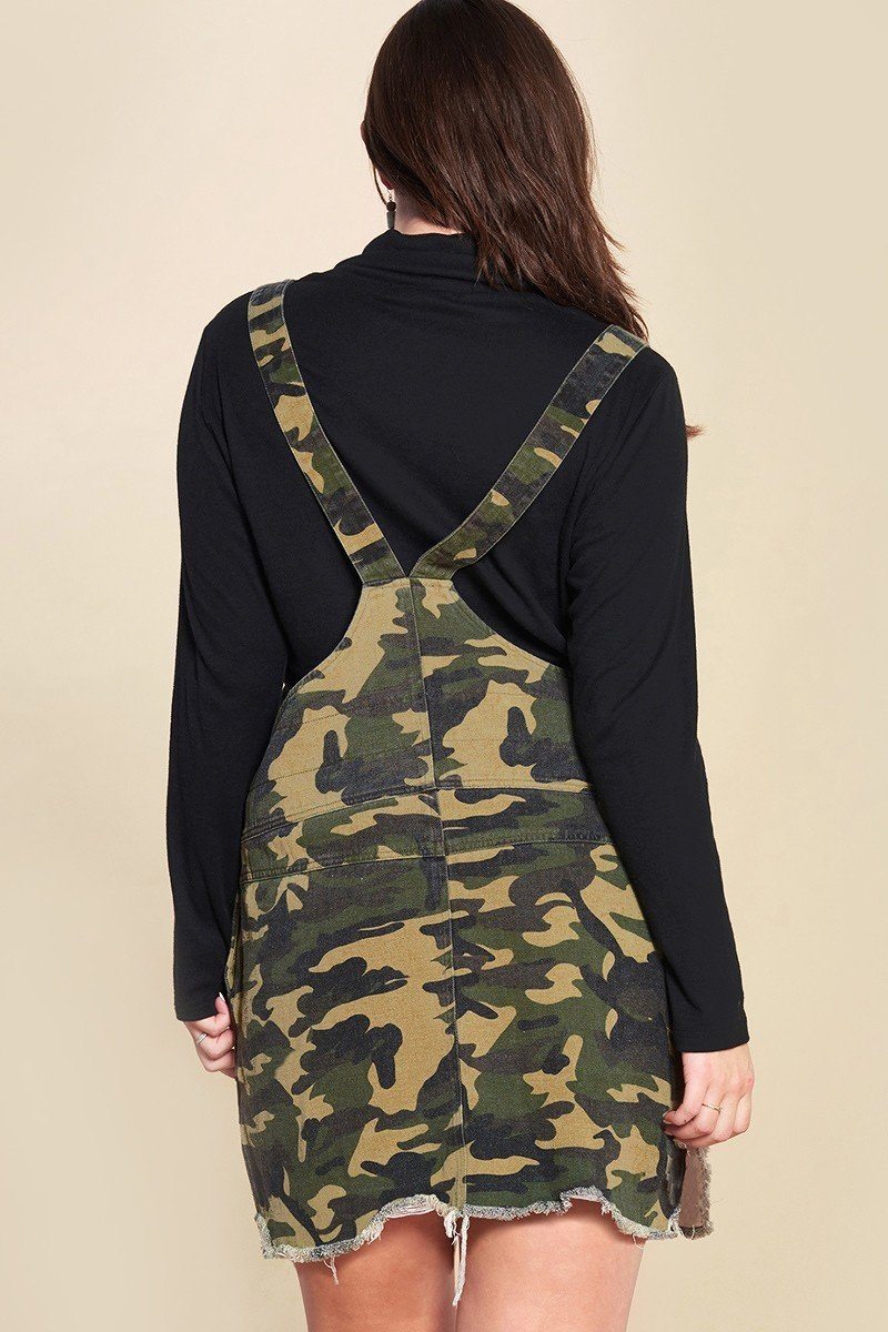 Camouflage Printed Overall Mini Dress Featuring Pockets And Frayed Hem - Absolute Fashion 2020