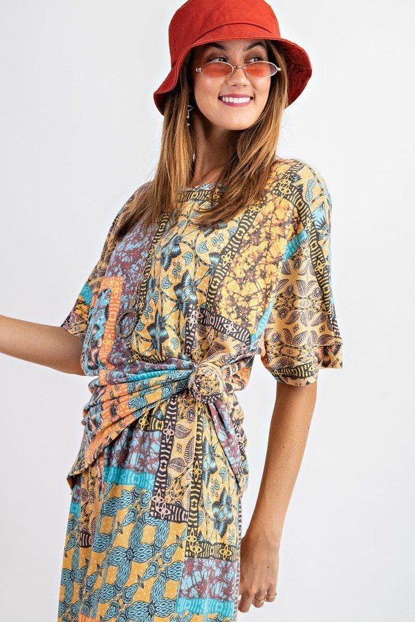 Tribal Printed Short Sleeve Terry Loose Fit Knit Top - Absolute Fashion 2020