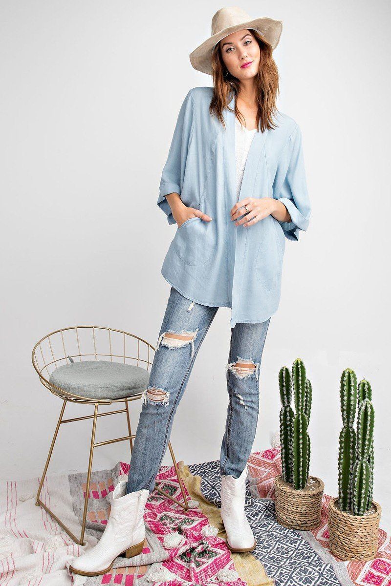Soft And Lightweight Dolman Slvs Washed Denim Linen Look Open Cardigan - Absolute Fashion 2020