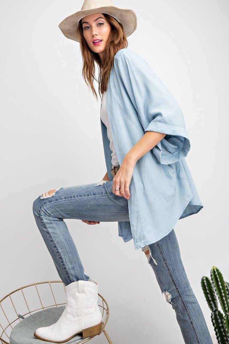 Soft And Lightweight Dolman Slvs Washed Denim Linen Look Open Cardigan - Absolute Fashion 2020