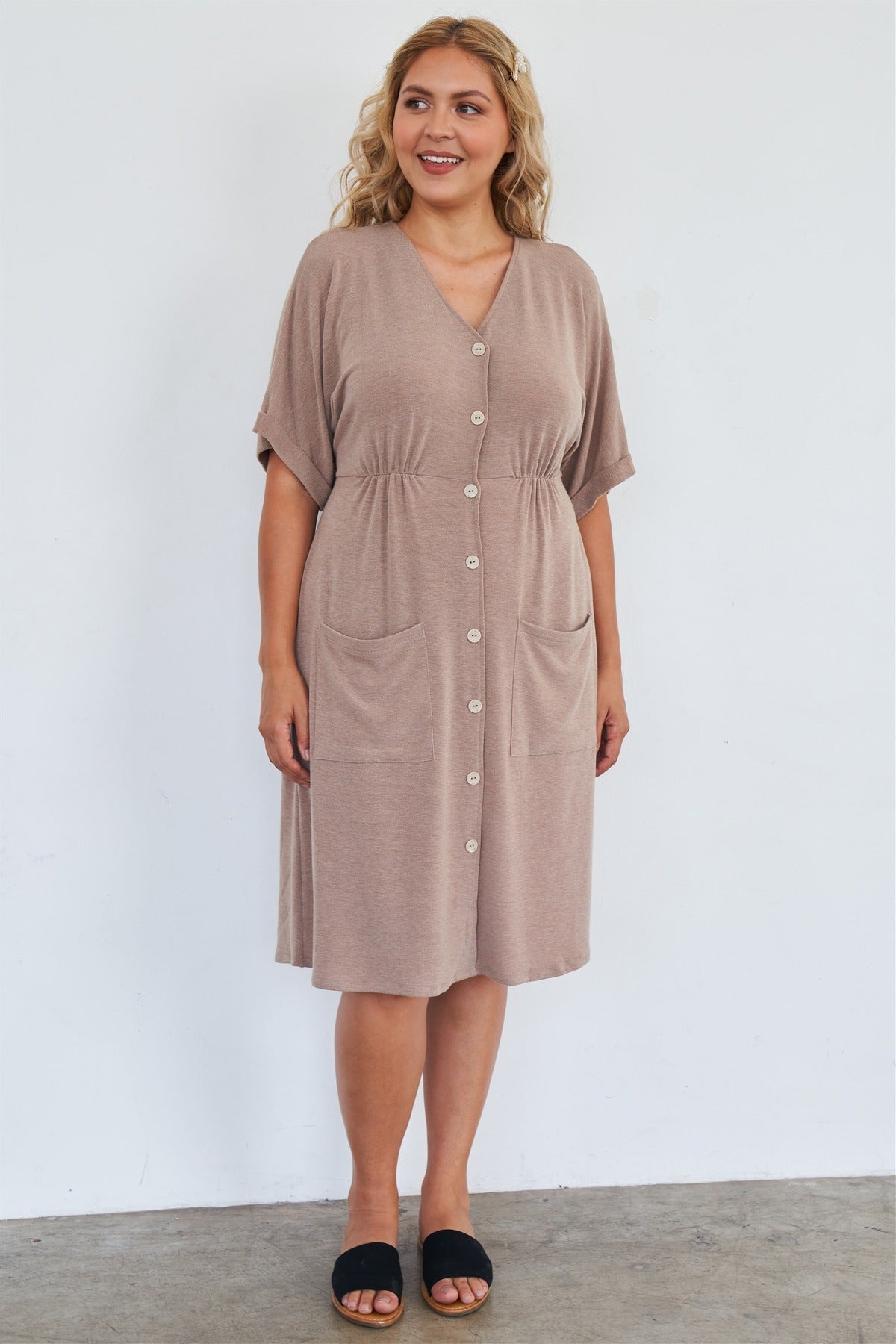 Comfy Mocha Fleece Short Sleeve Knee Length Button Up Dress - Absolute Fashion 2020