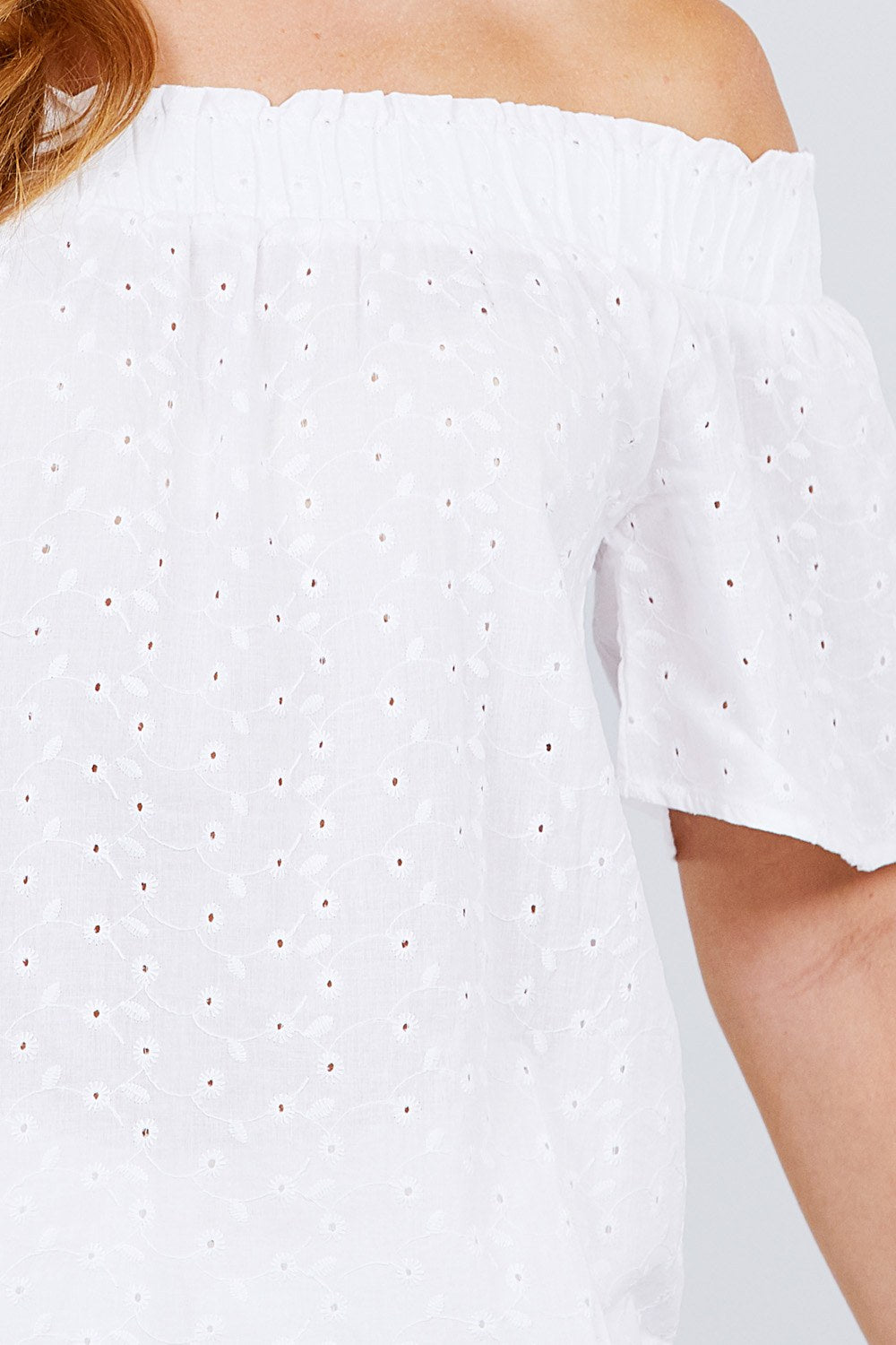 Short Sleeve Off The Shoulder Eyelet Woven Top - Absolute Fashion 2020