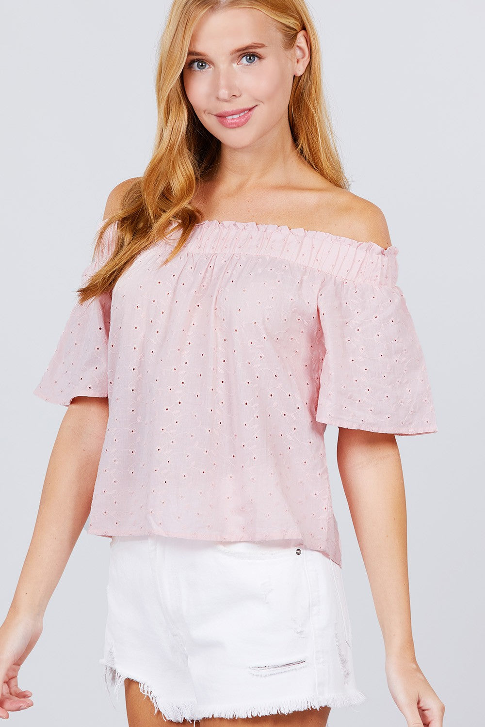 Short Sleeve Off The Shoulder Eyelet Woven Top - Absolute Fashion 2020