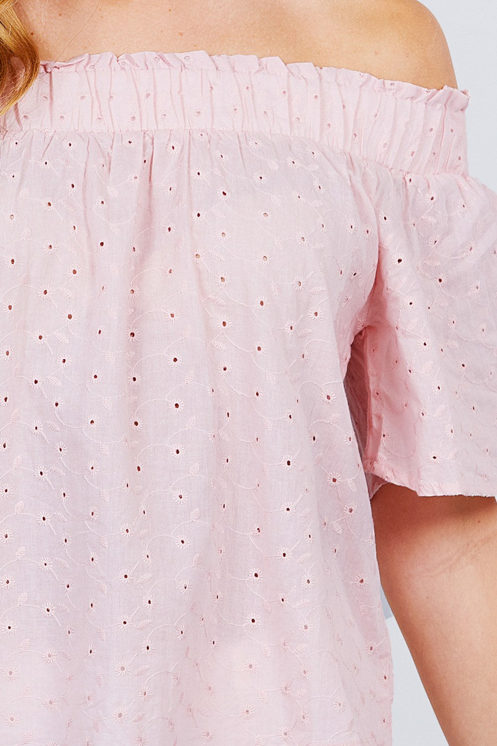 Short Sleeve Off The Shoulder Eyelet Woven Top - Absolute Fashion 2020