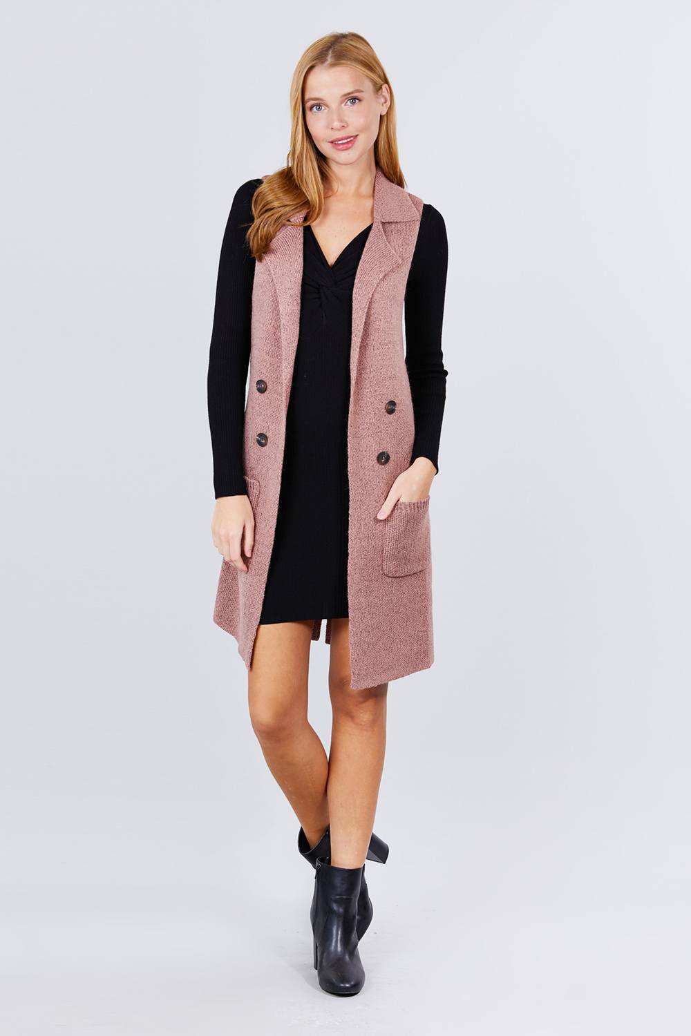 Sleeveless Notched Collar With Side Pocket Long Sweater Vest - Absolute Fashion 2020