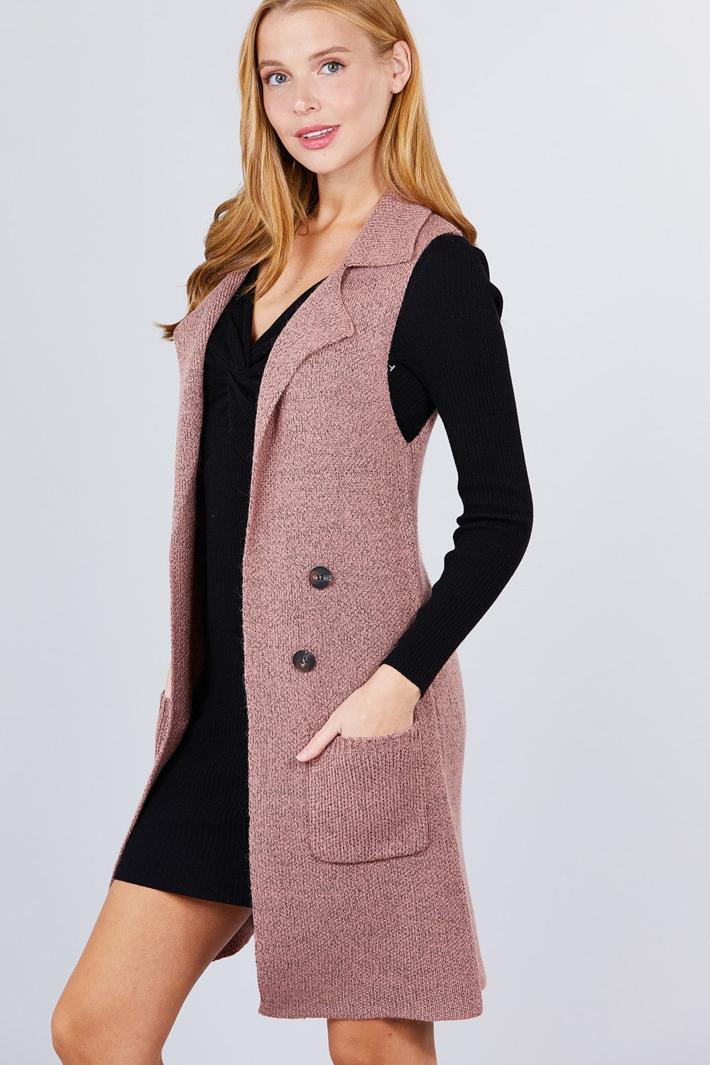 Sleeveless Notched Collar With Side Pocket Long Sweater Vest - Absolute Fashion 2020
