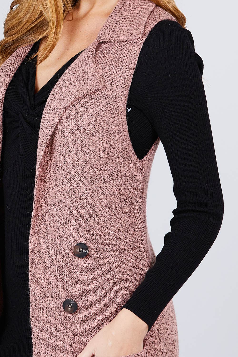 Sleeveless Notched Collar With Side Pocket Long Sweater Vest - Absolute Fashion 2020