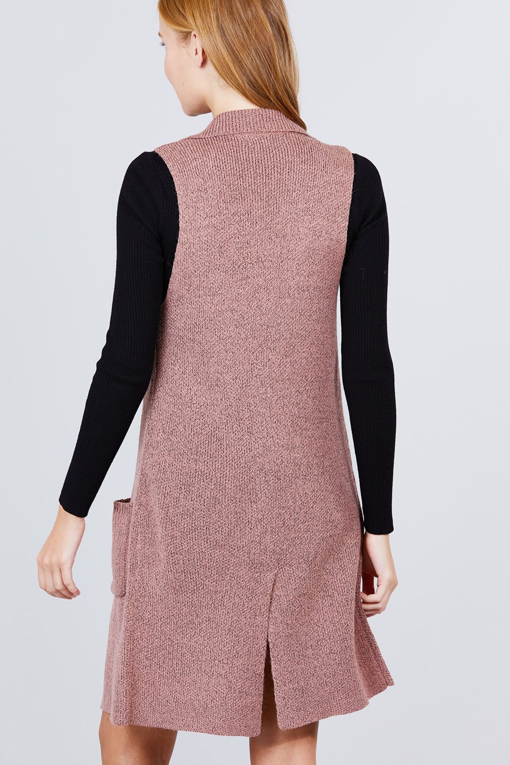 Sleeveless Notched Collar With Side Pocket Long Sweater Vest - Absolute Fashion 2020