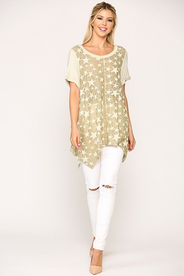Star Textured Knit Mixed Tunic Top With Shark Bite Hem - Absolute Fashion 2020