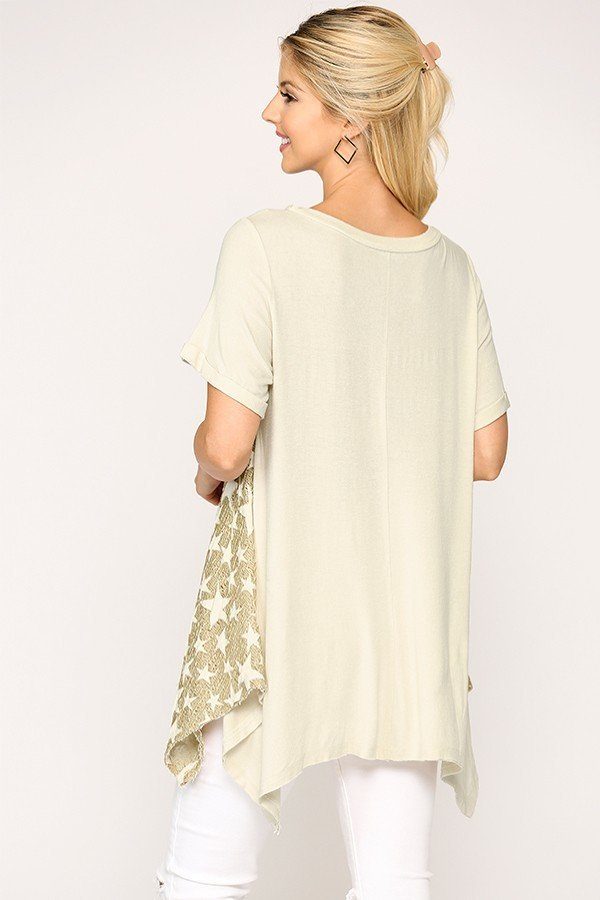 Star Textured Knit Mixed Tunic Top With Shark Bite Hem - Absolute Fashion 2020
