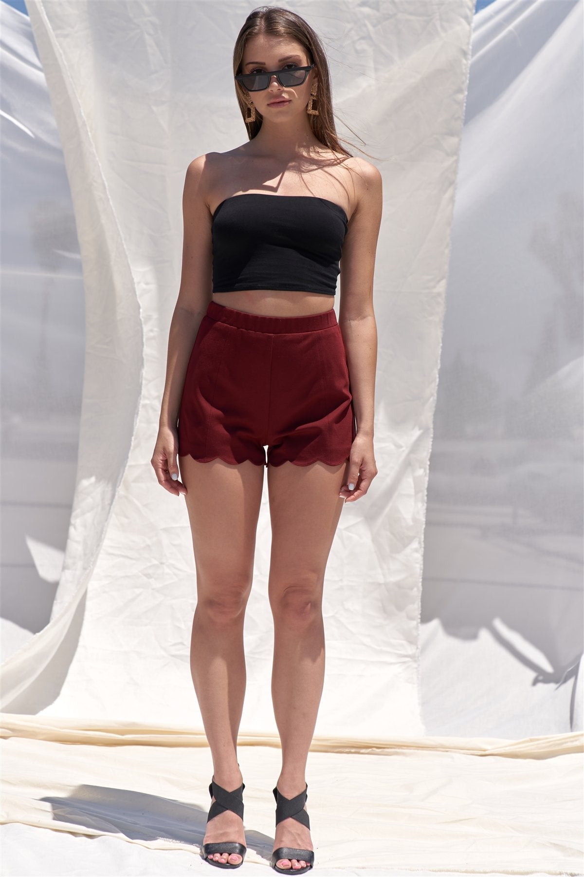 Solid Burgundy Red High Waist Elasticized Waistband Unlined Mini Shorts With Scalloped Bottom Hem - Absolute Fashion 2020