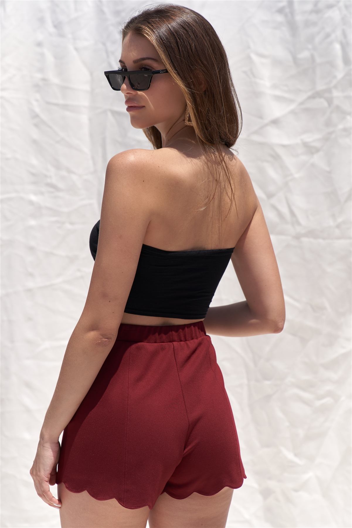 Solid Burgundy Red High Waist Elasticized Waistband Unlined Mini Shorts With Scalloped Bottom Hem - Absolute Fashion 2020