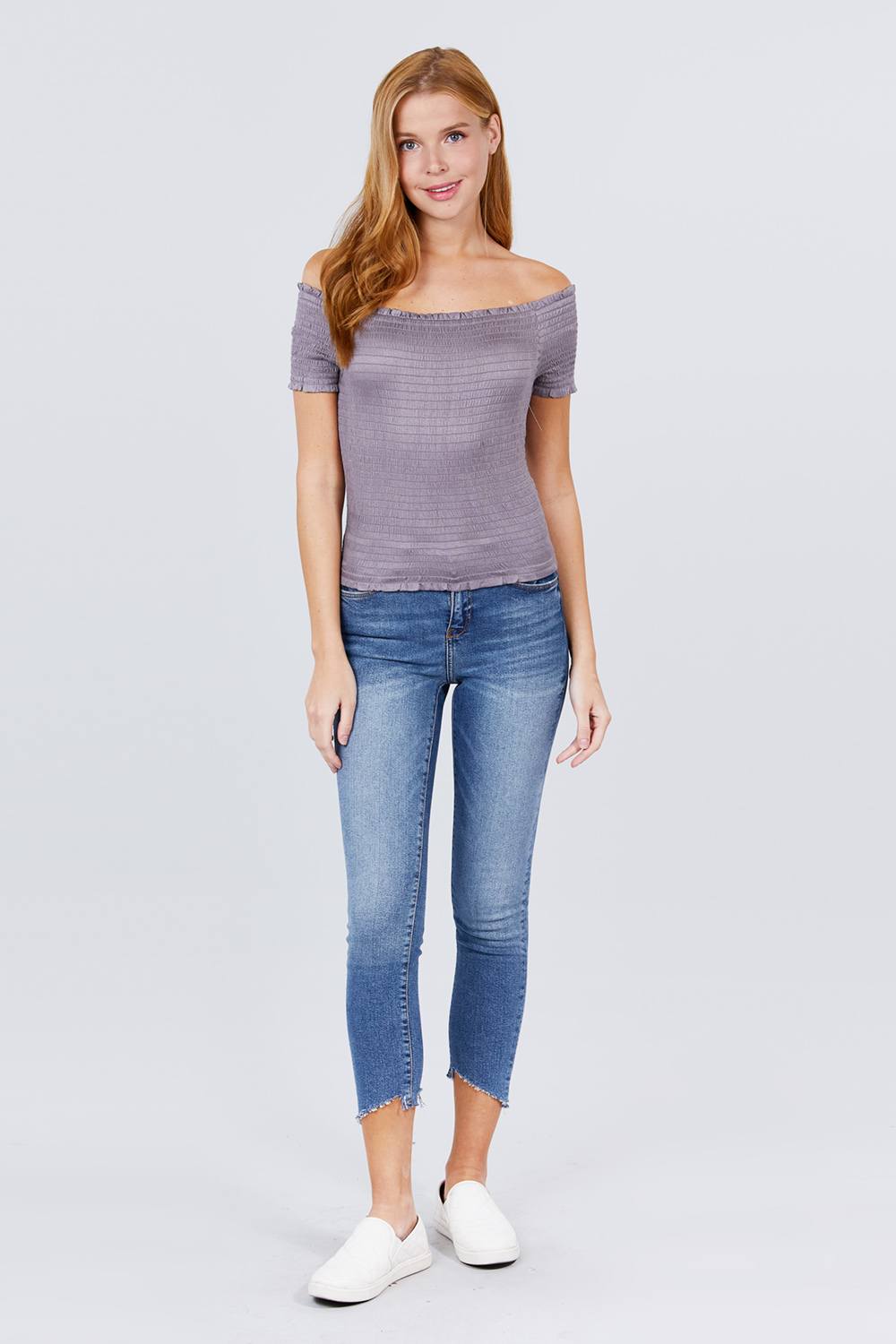 Short Sleeve Off The Shoulder Smocked Rayon Spandex Top - Absolute Fashion 2020