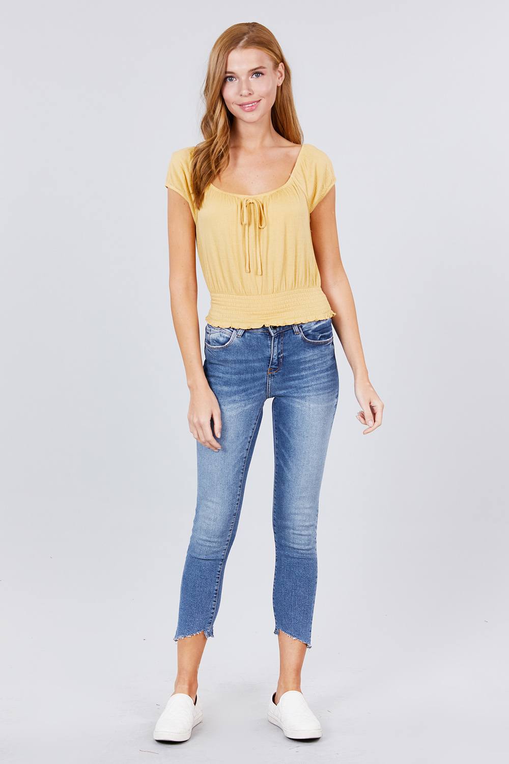 Short Puff Sleeve Front Tie Detail Smocked Waist Knit Gauze Top - Absolute Fashion 2020