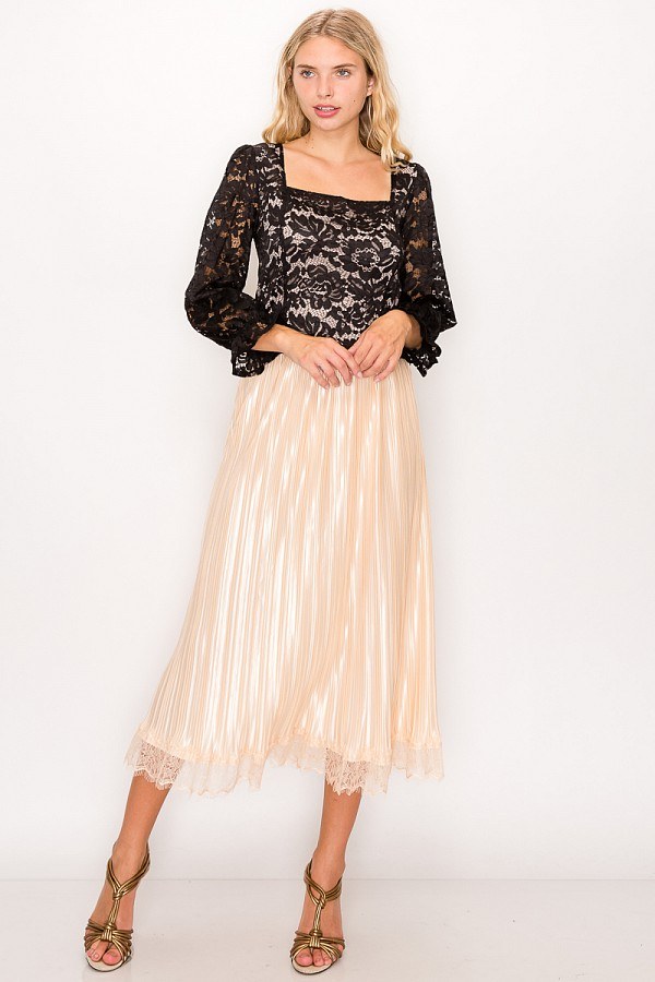 Lace Trim Accordion Pleated Midi Skirt - Absolute Fashion 2020