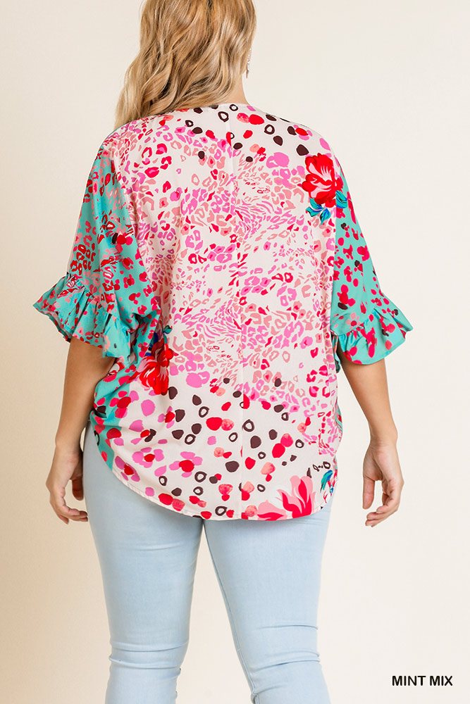 Floral Animal Mixed Print Ruffle Sleeve V-neck Crossbody Top With Scoop Hem - Absolute Fashion 2020