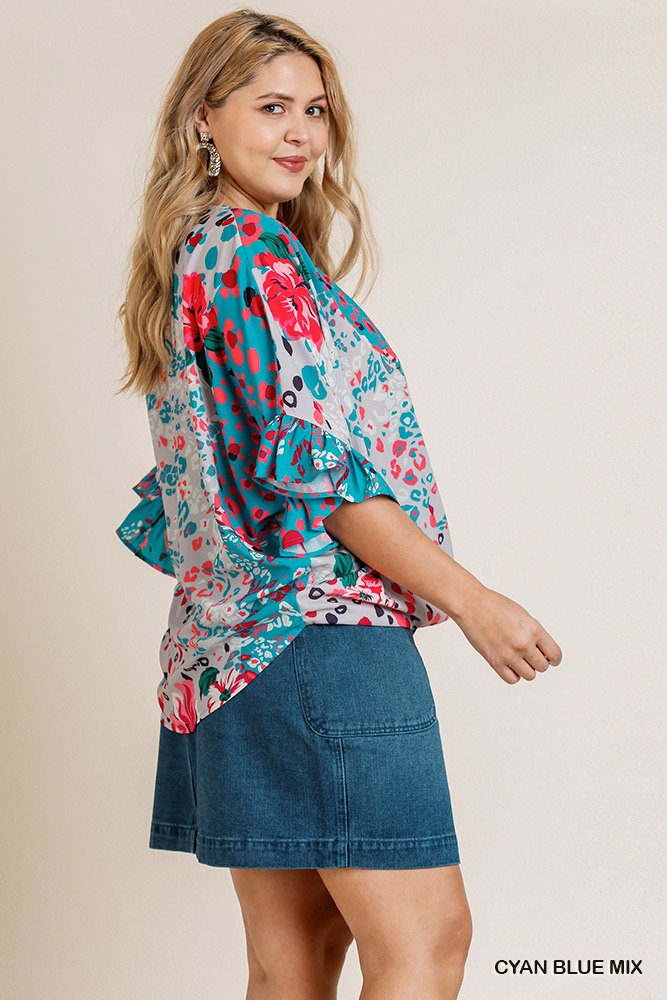 Floral Animal Mixed Print Ruffle Sleeve V-neck Crossbody Top With Scoop Hem - Absolute Fashion 2020