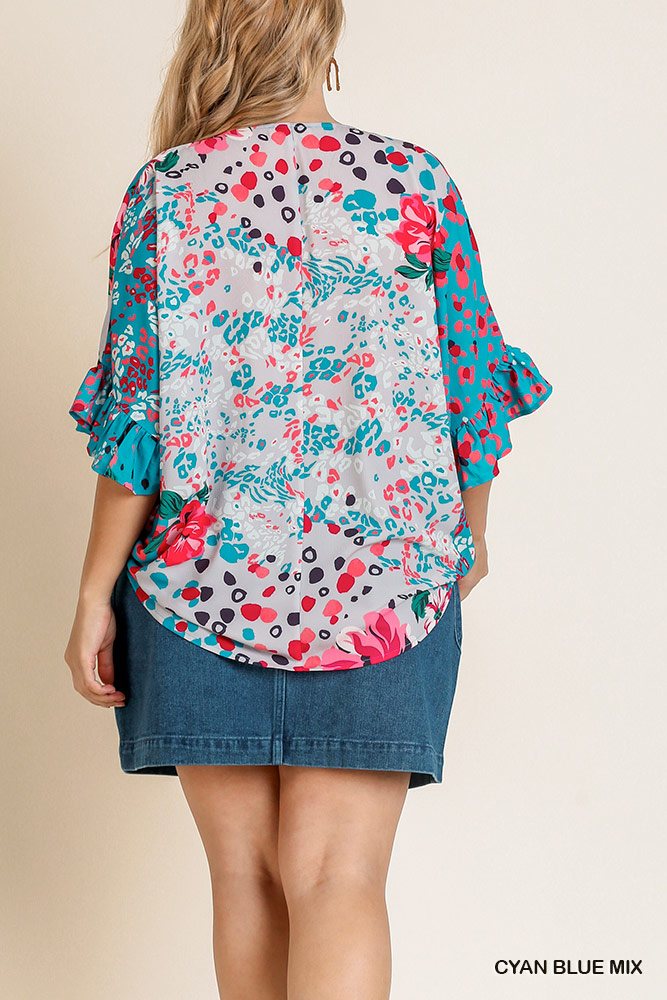Floral Animal Mixed Print Ruffle Sleeve V-neck Crossbody Top With Scoop Hem - Absolute Fashion 2020
