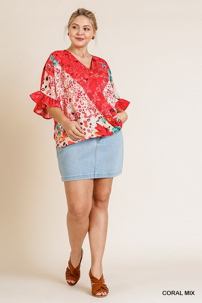Floral Animal Mixed Print Ruffle Sleeve V-neck Crossbody Top With Scoop Hem - Absolute Fashion 2020