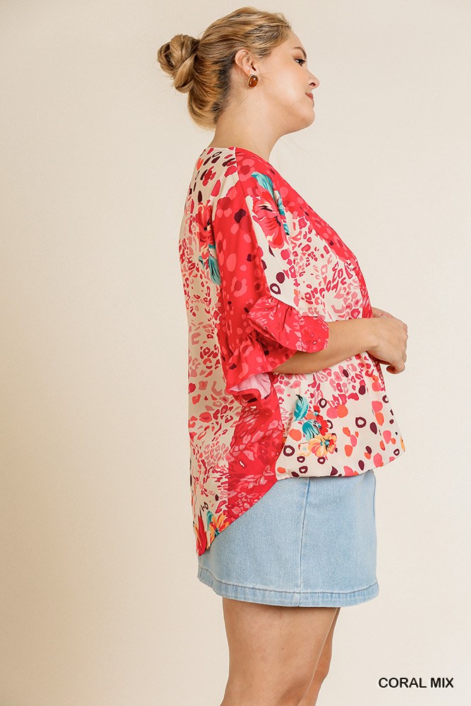 Floral Animal Mixed Print Ruffle Sleeve V-neck Crossbody Top With Scoop Hem - Absolute Fashion 2020