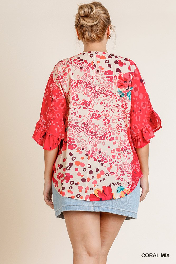 Floral Animal Mixed Print Ruffle Sleeve V-neck Crossbody Top With Scoop Hem - Absolute Fashion 2020