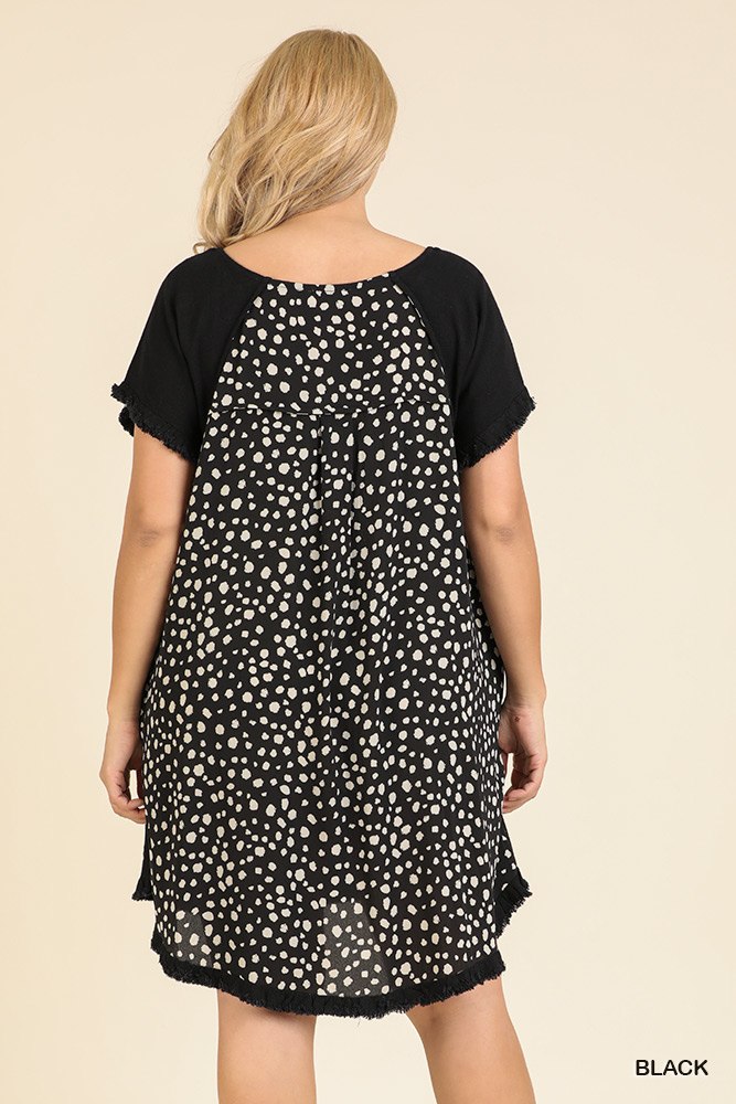 Short Ruffle Sleeve Round Neck Dress With Dalmatian Print Back And Ruffle Frayed Scoop Hem - Absolute Fashion 2020